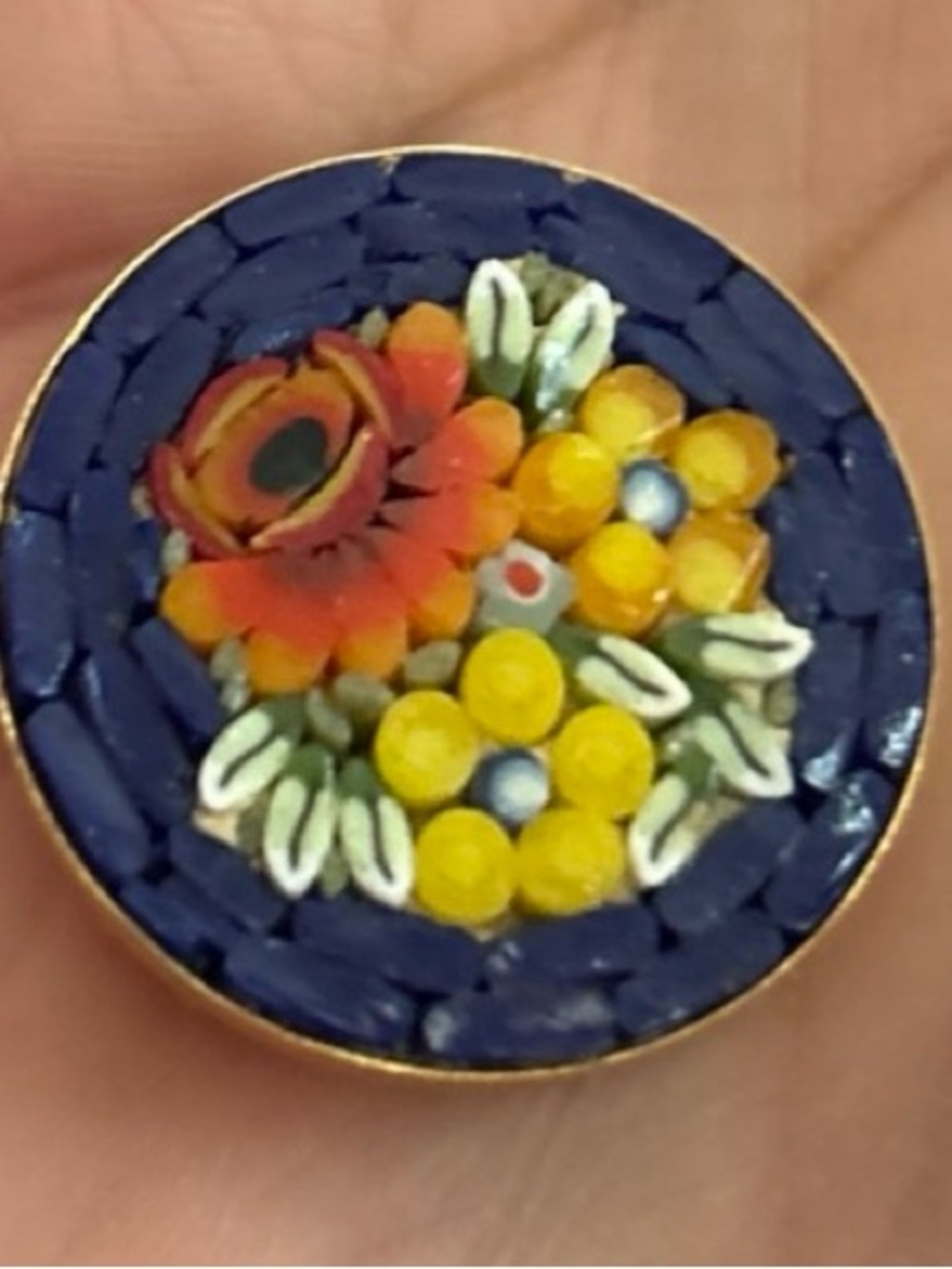 Micromosaic Italy Flower Button Pin brooch - Blue, Yellow, Orange